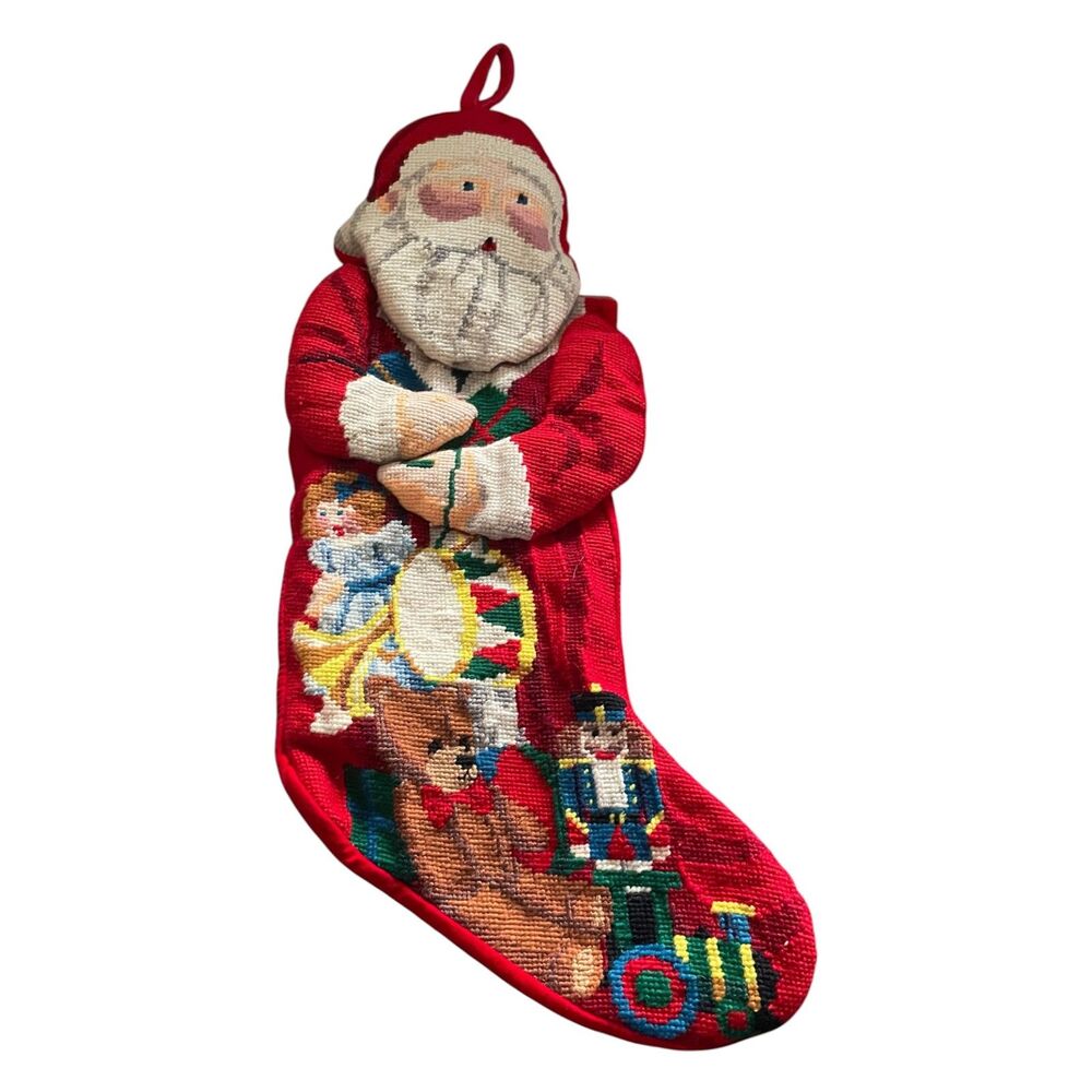 Vintage Crewel Needlepoint Santa Claus Holiday Christmas Stocking Cottagecore
